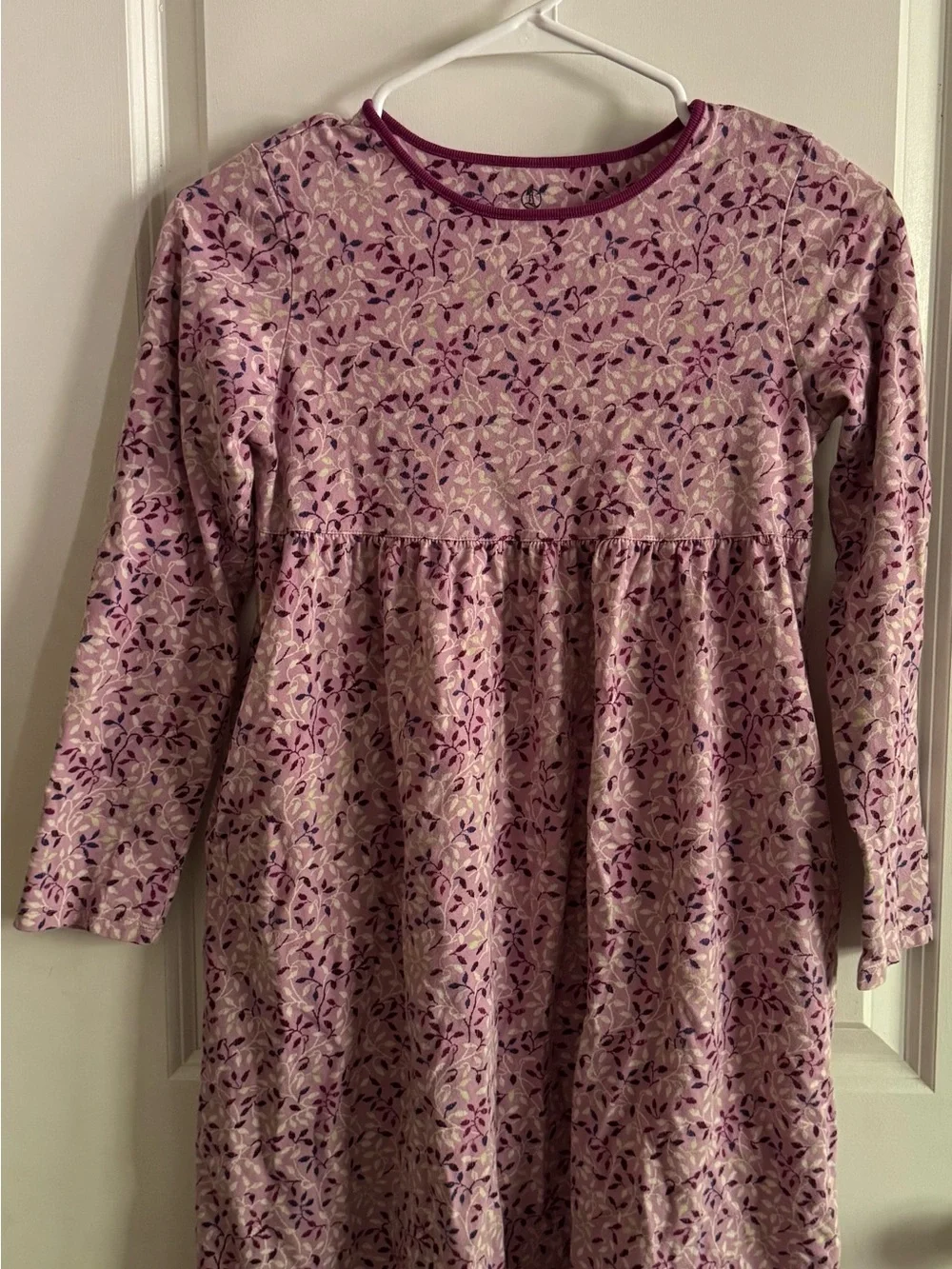 Lands' End Girls' 10-12 _Lavender and Deep Purple Leaf-Print Long Sleeve Dress - Picture 1 of 3
